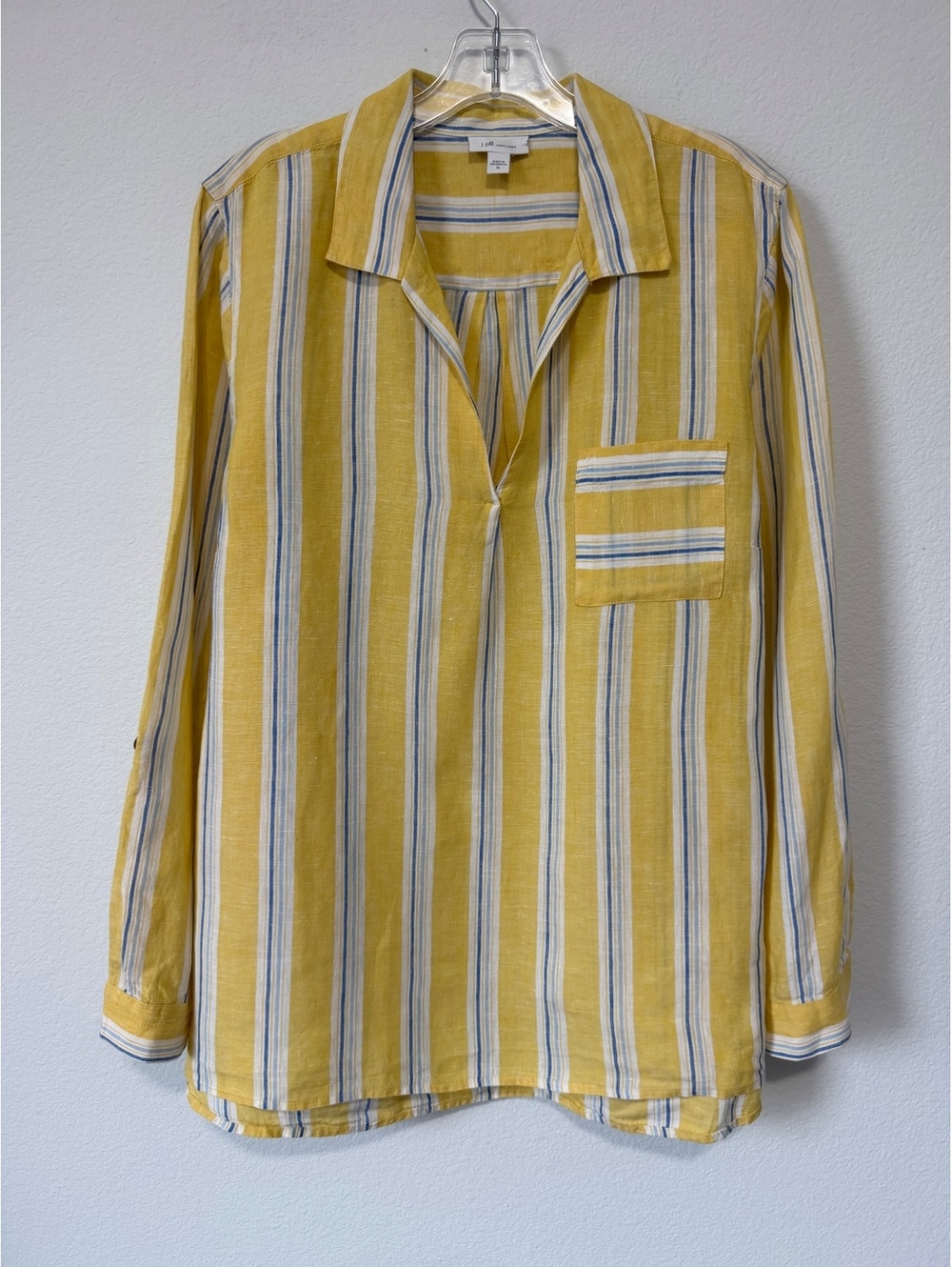 J. Jill 100% Linen Long Sleeve Collared V-Neck Striped Tunic Shirt Size XL